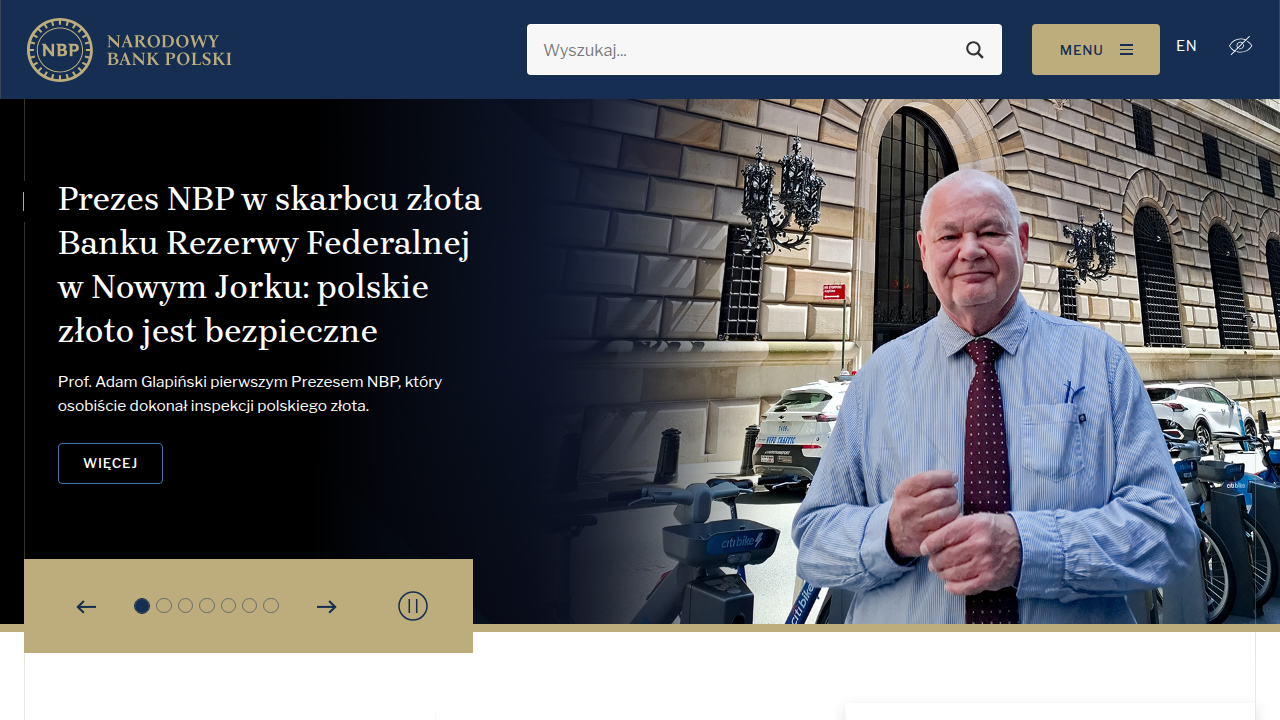 Zrzut ekranu ze strony głównej Narodowego Banku Polskiego (NBP), głównego oficjalnego źródła wiarygodnych kursów walut w Polsce.