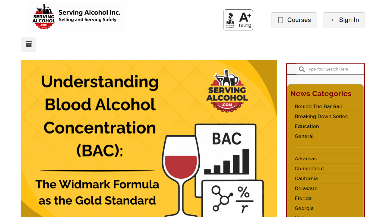 Zrzut ekranu artykułu omawiającego stężenie alkoholu we krwi (BAC) i czynniki na nie wpływające.