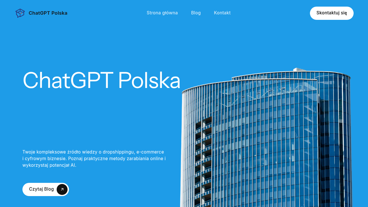 Strona główna ChatGPT Polska, oferująca zasoby i kursy dla początkujących przedsiębiorców w e-commerce, wspomagające start w branży.