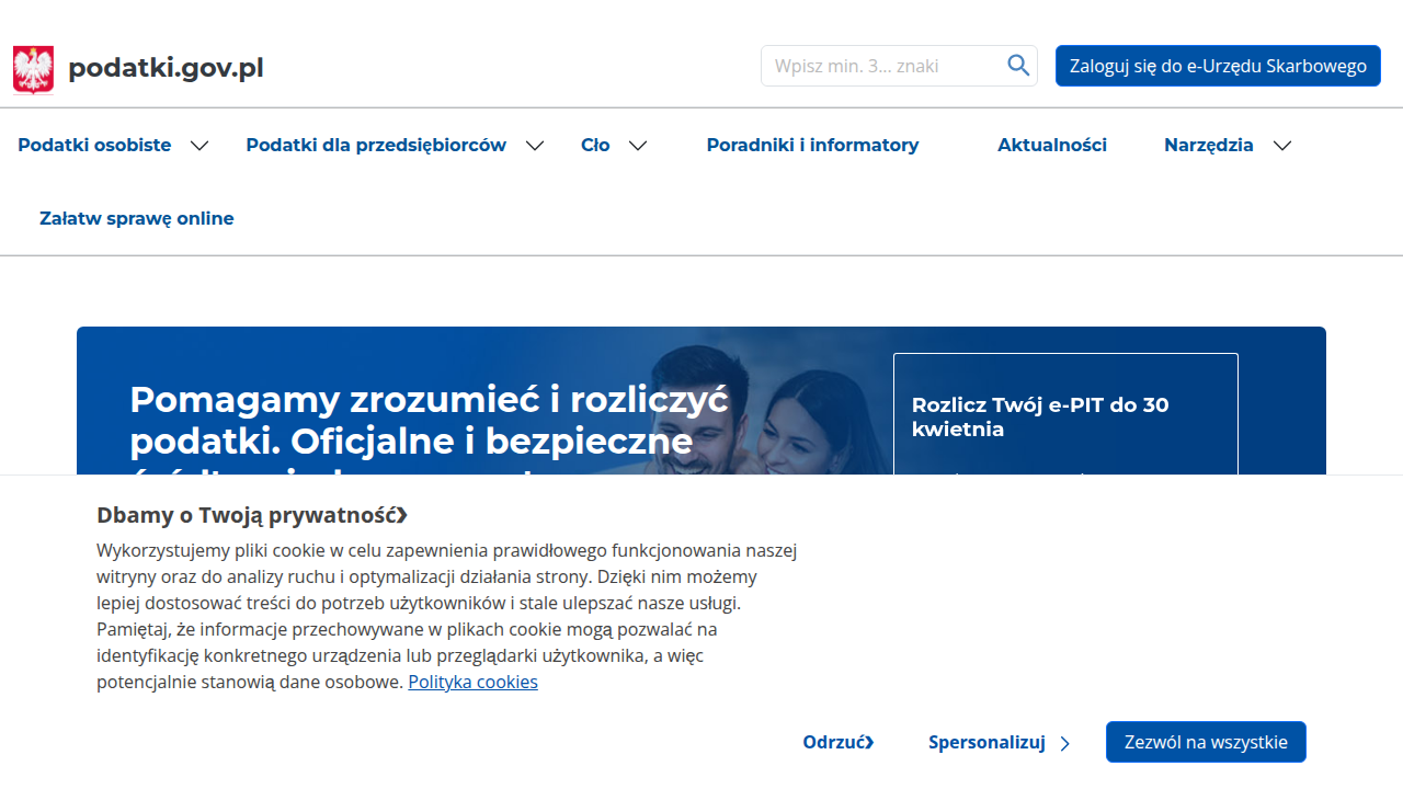 Strona główna oficjalnego serwisu podatkowego podatki.gov.pl, źródła aktualnych informacji o przepisach i stawkach podatkowych w Polsce.