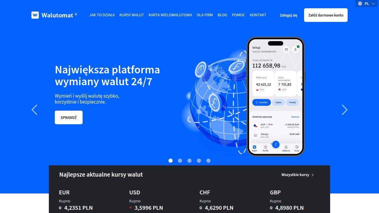 Walutomat to popularny kantor online, umożliwiający bieżące śledzenie kursu CZK/PLN i szybką wymianę walut.