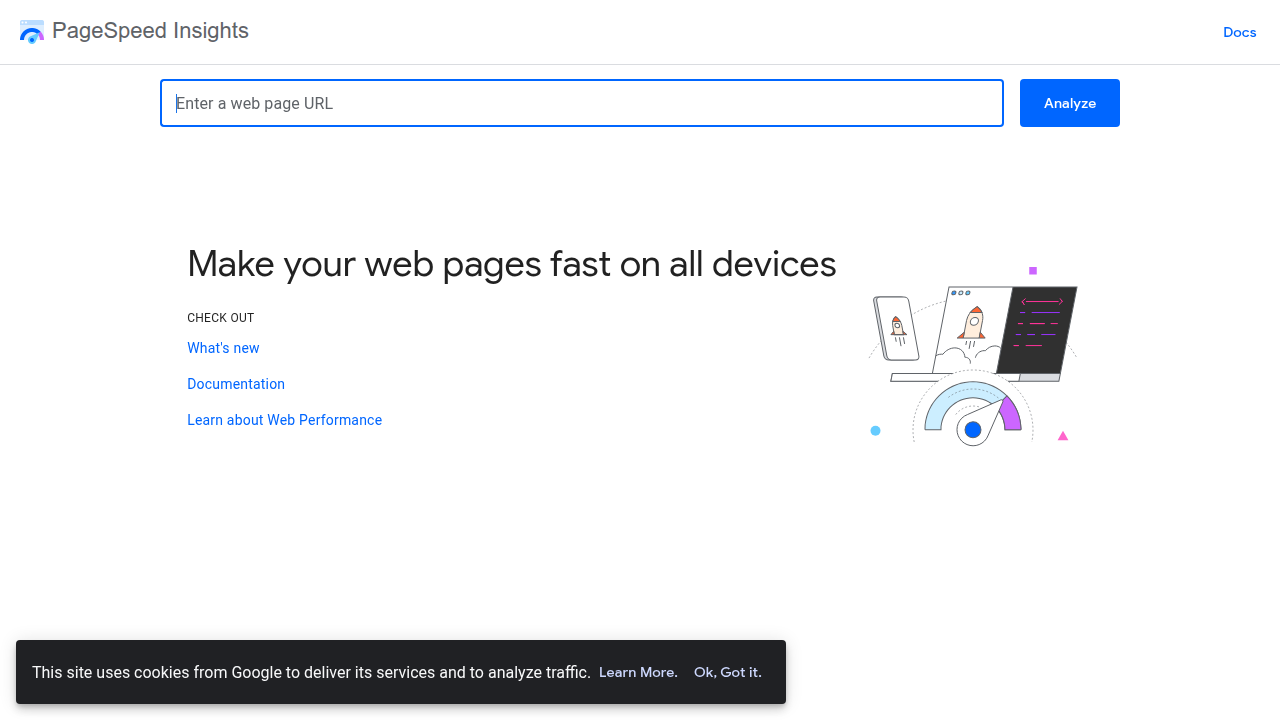 Interfejs narzędzia Google PageSpeed Insights, służącego do analizy szybkości ładowania strony internetowej i rekomendacji optymalizacyjnych.