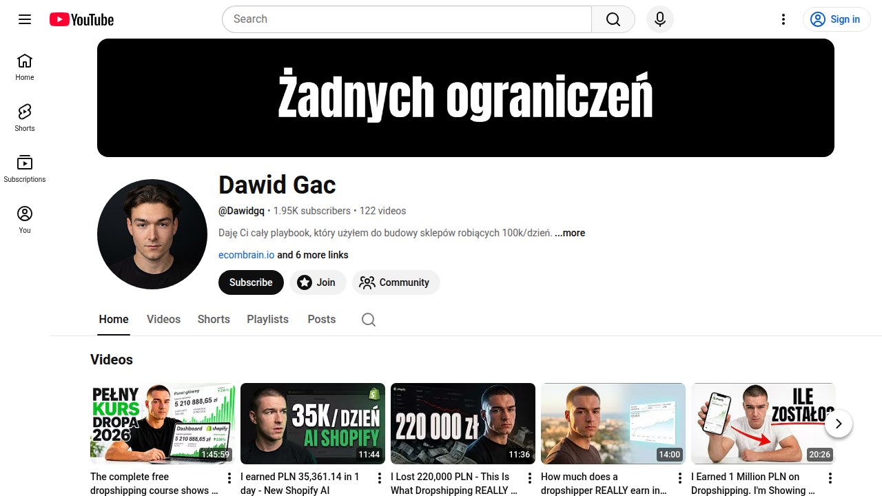 Screenshot of Dawid Gac's YouTube channel, offering practical advice on dropshipping and e-commerce for the Polish market.