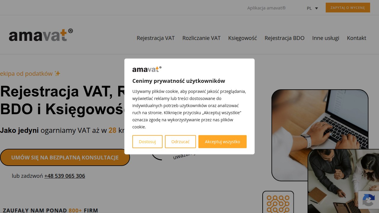 Zrzut ekranu ze strony głównej Amavat, dostawcy usług związanych z rejestracją VAT i obsługą podatkową dla sklepów internetowych.