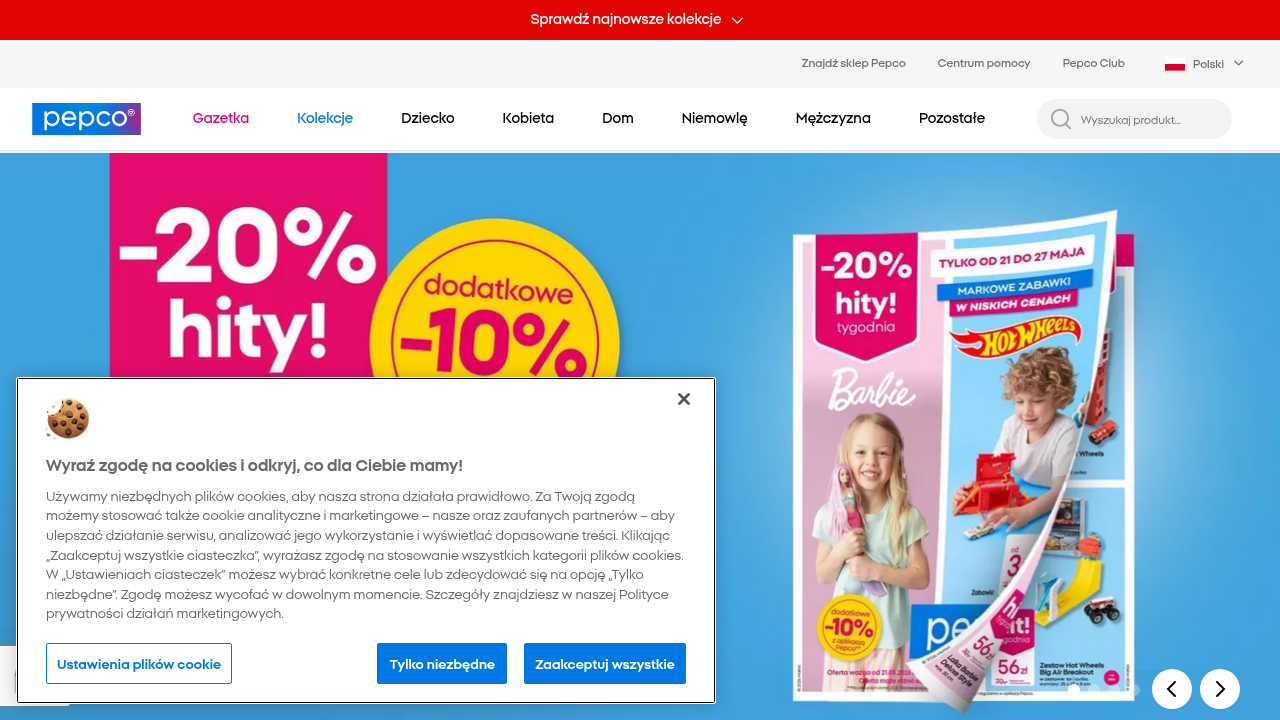 Zrzut ekranu przedstawiający stronę główną Pepco.pl, prezentujący jej prosty i intuicyjny interfejs użytkownika, kategorie produktów oraz aktualne promocje, odzwierciedlający strategię dyskontową w świecie online.
