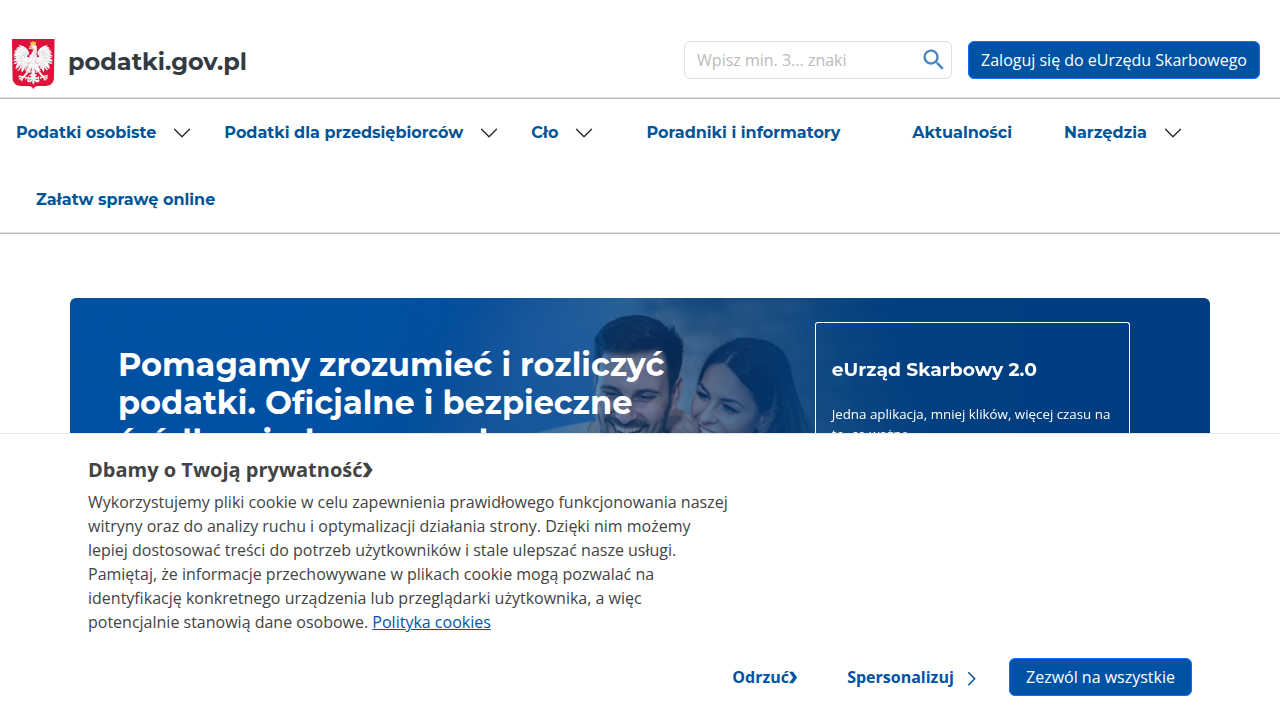 Strona główna oficjalnego serwisu podatki.gov.pl, źródło wiarygodnych informacji o podatkach osobistych w Polsce.