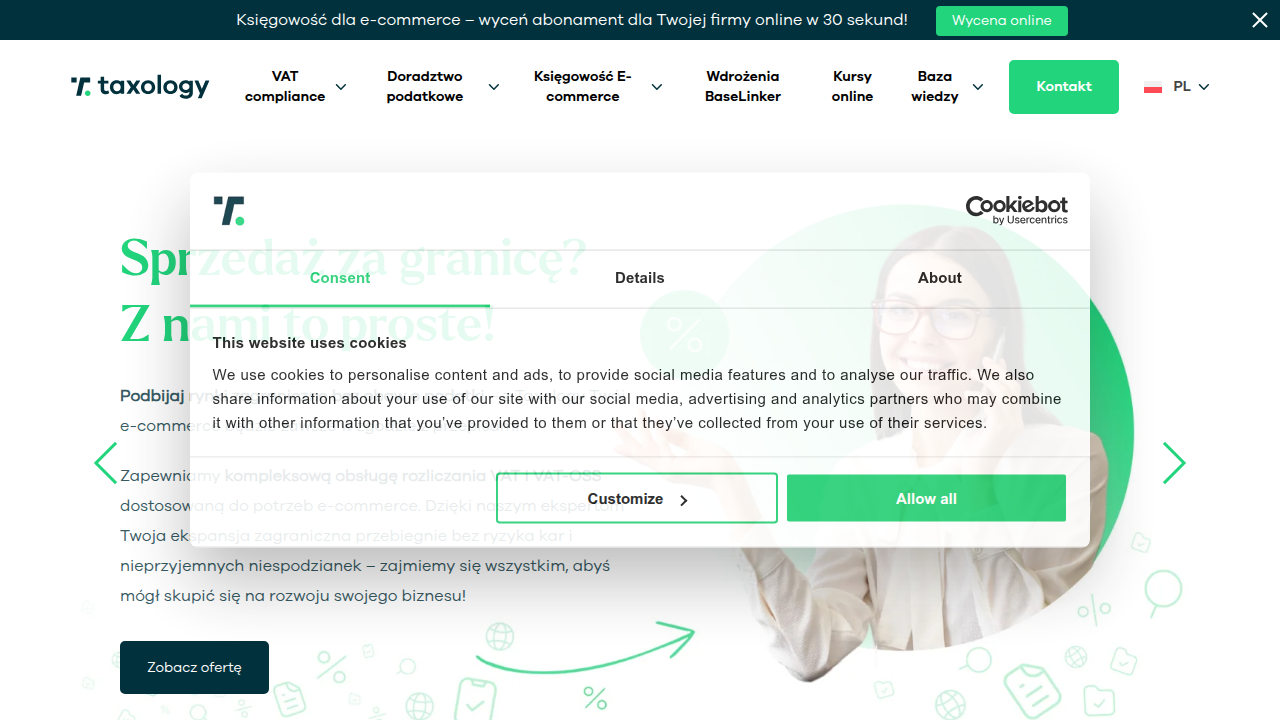Strona główna Taxology.co, prezentująca usługi doradztwa podatkowego dla e-commerce.