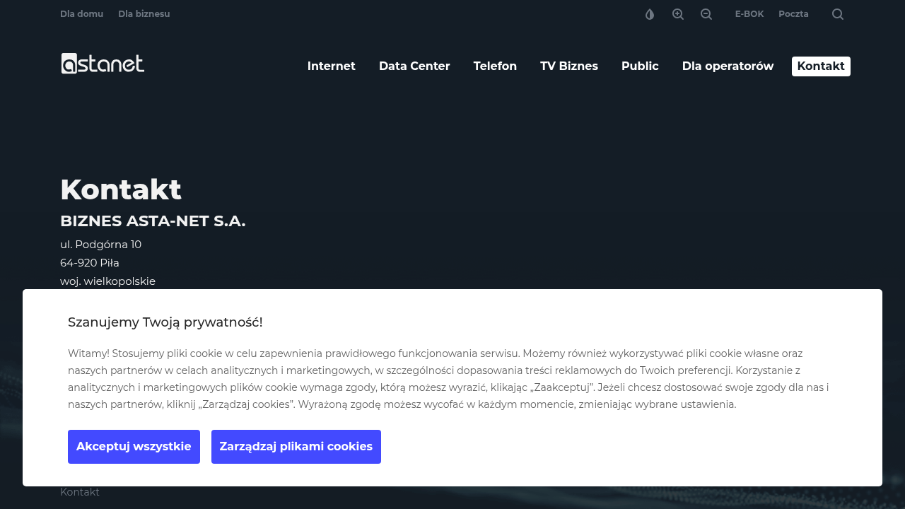 Dedykowana strona kontaktowa Asta Net dla klientów biznesowych, oferująca specyficzne wsparcie i informacje.