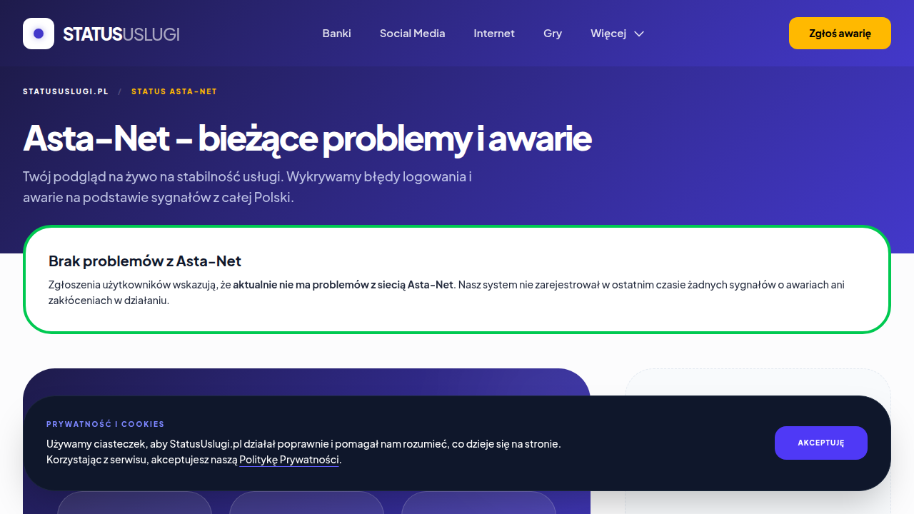 Strona statusu usług Asta Net, gdzie można sprawdzić aktualne awarie i planowane prace konserwacyjne w sieci.